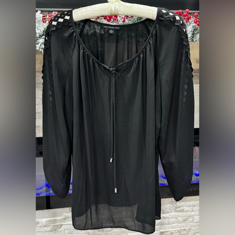 Women's Sheer Black Blouse with Adjustable Neckline & Open Diamond Sleeves
